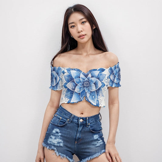 Shoulder Off Short Sleeves Crop Blouse Plant 4 - Weave West