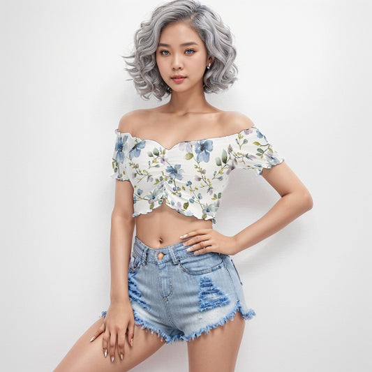 Shoulder Off Short Sleeves Crop Blouse Plant 4 - Weave West