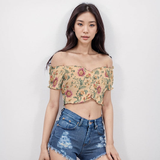 Shoulder Off Short Sleeves Crop Blouse Plant 3 - Weave West