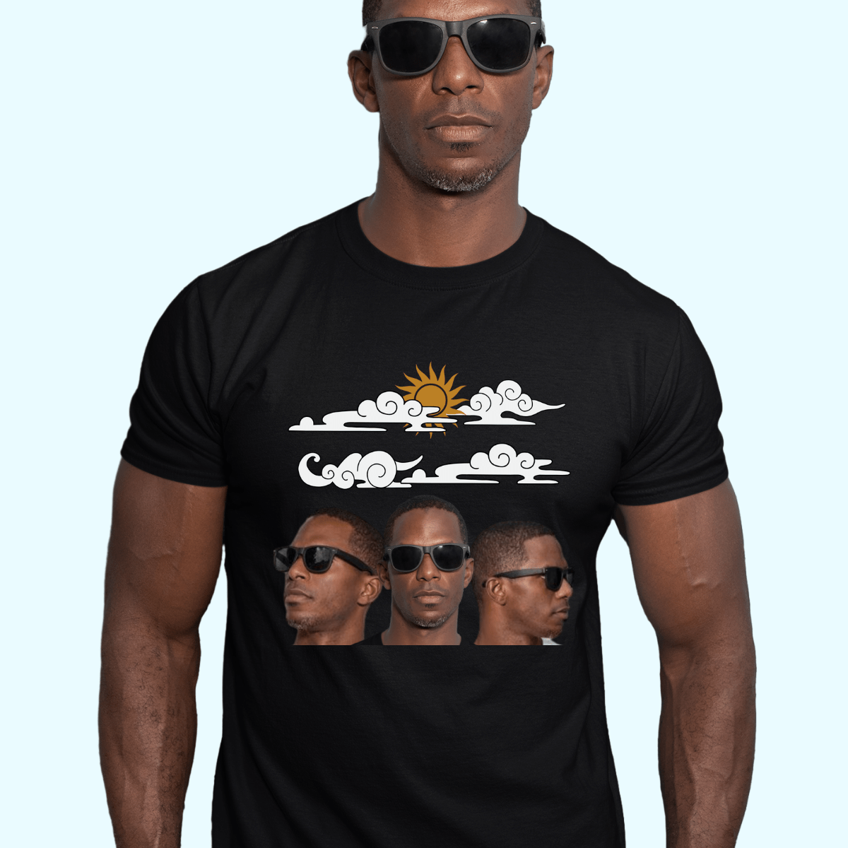 Customized Multi Images Black Tee Clouds and Sun - Weave West