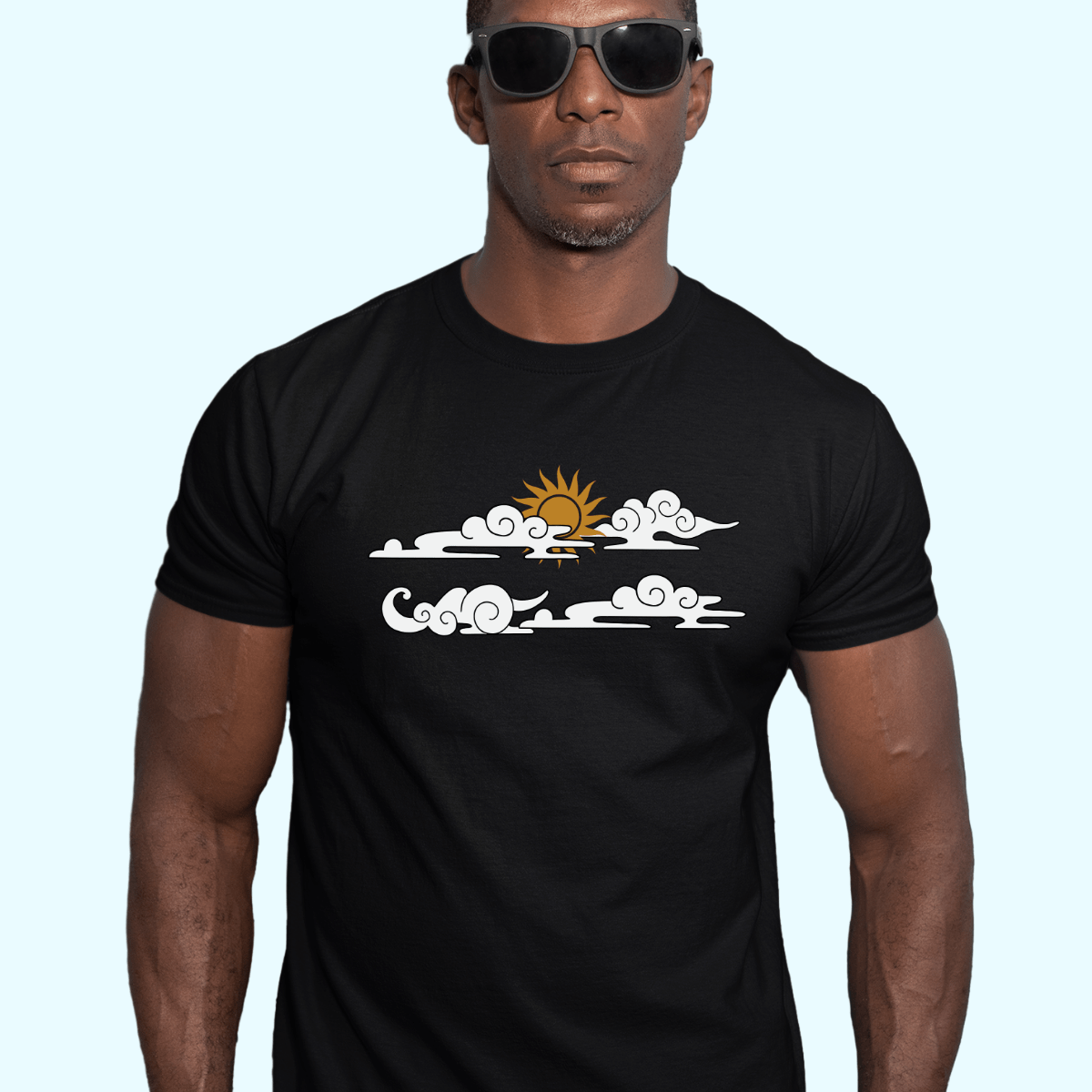 Customized Multi Images Black Tee Clouds and Sun - Weave West