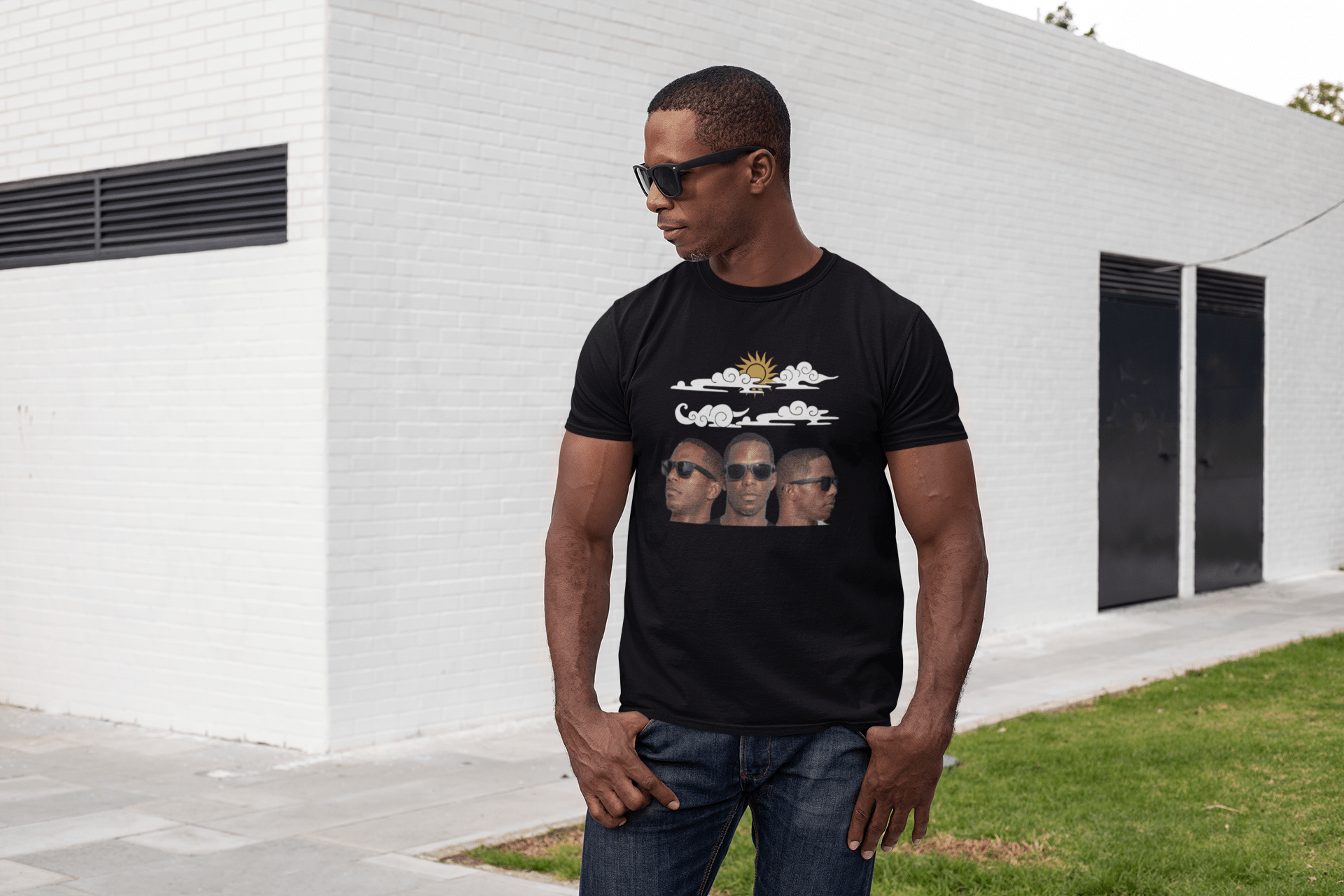 Customized Multi Images Black Tee Clouds and Sun - Weave West