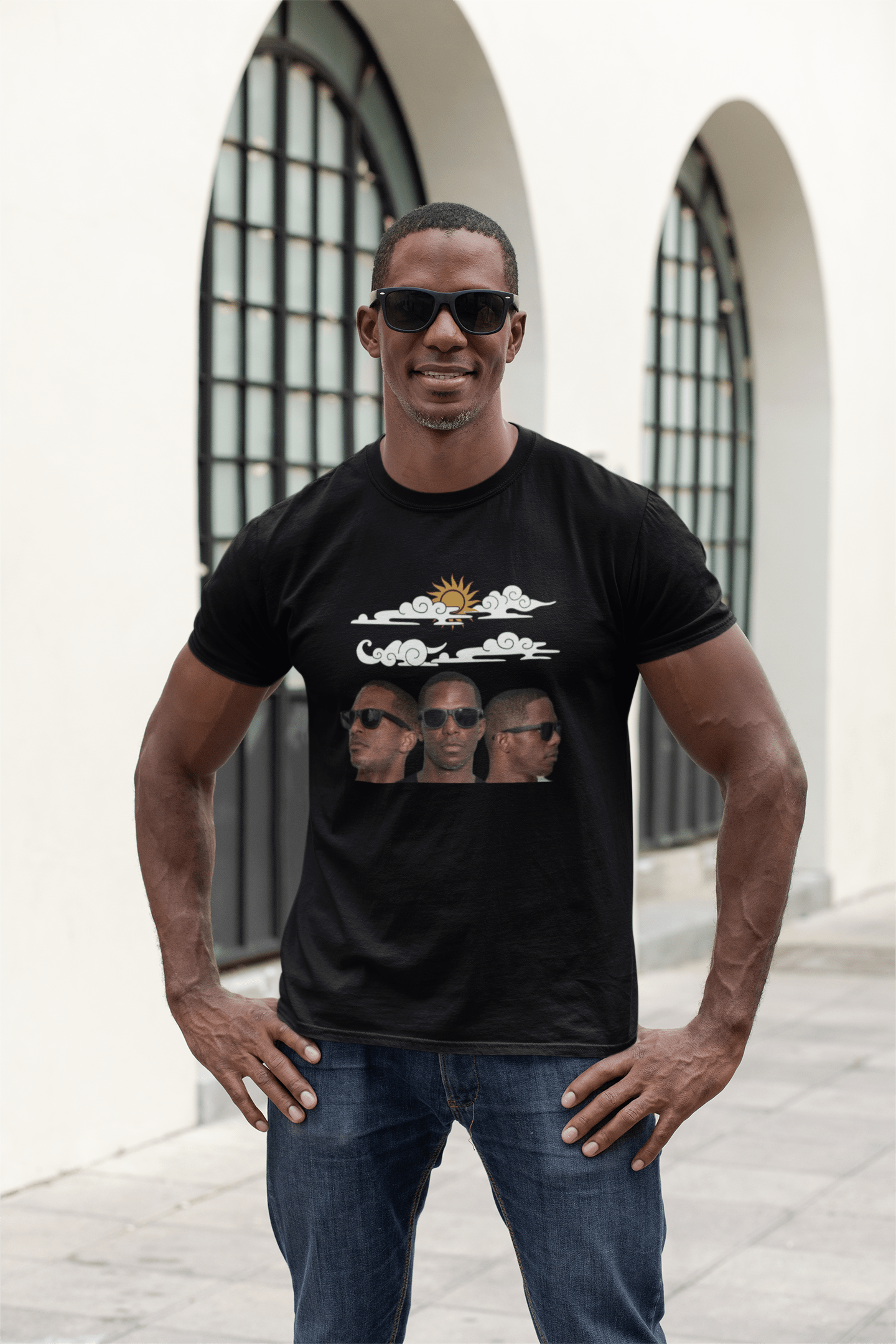 Customized Multi Images Black Tee Clouds and Sun - Weave West