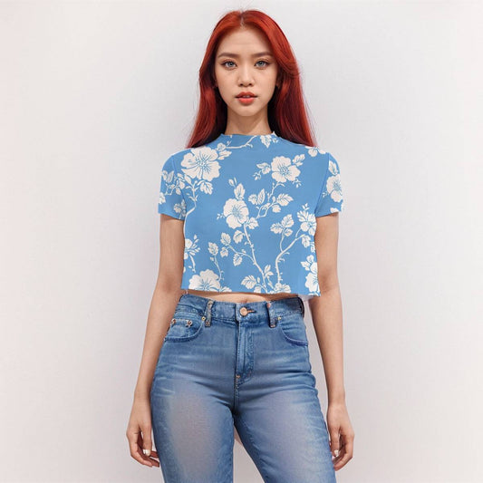 Short Sleeves Mesh Crop Top Flower | Mesh Crop Sheer Blouse - Weave West